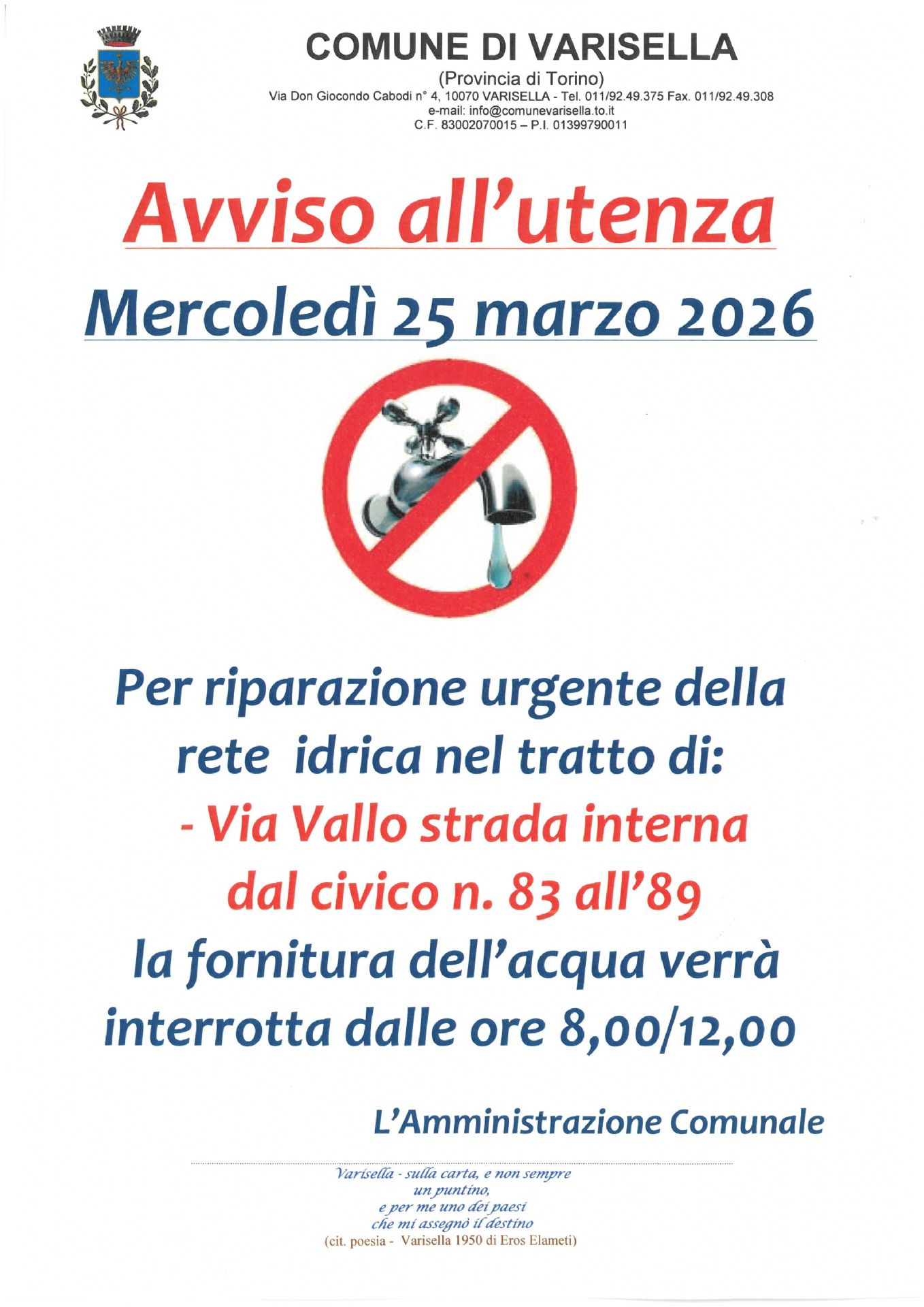 avviso utenze via vallo - interni dal n.ro 83 al n.ro 89